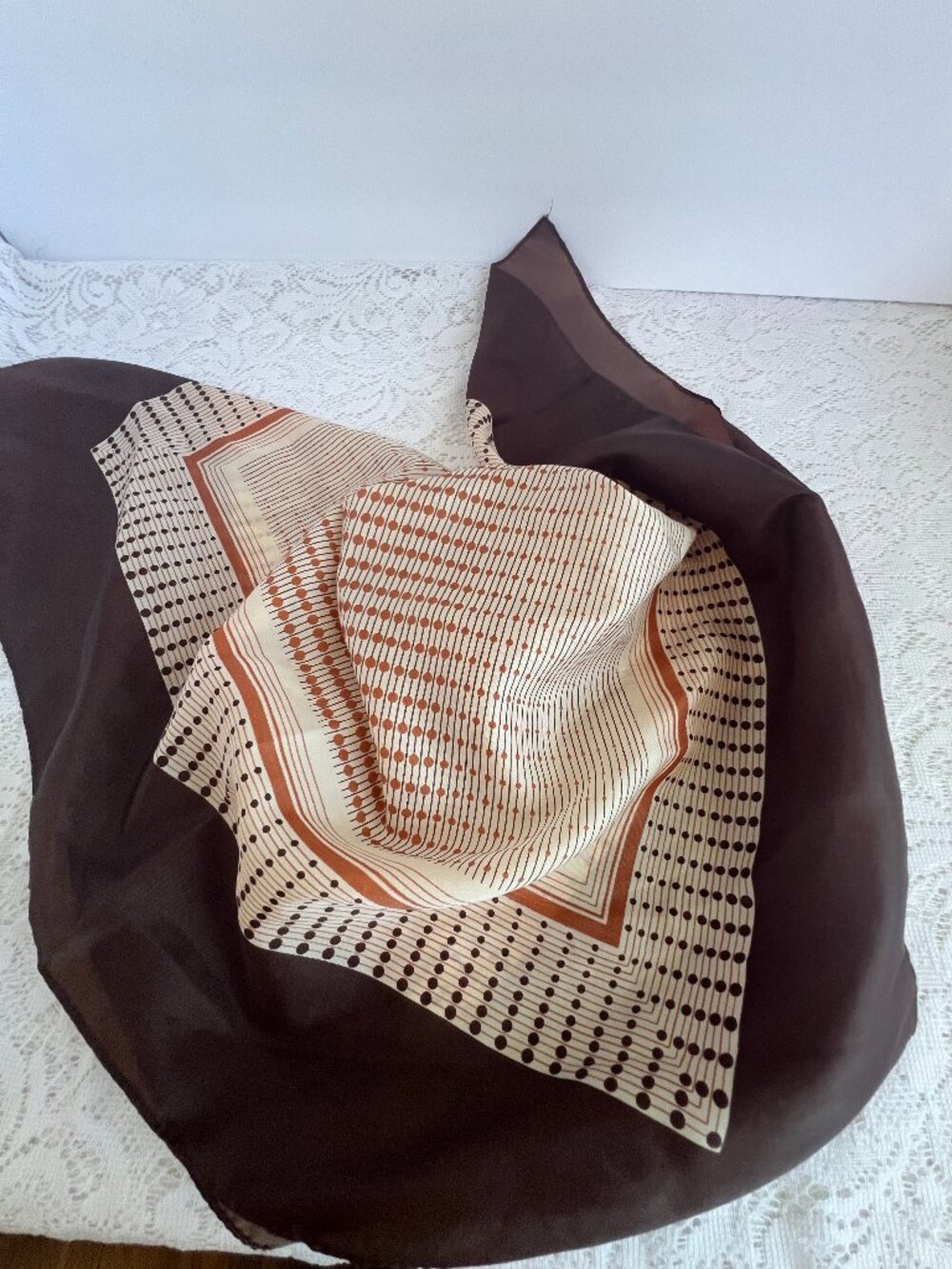 Vintage Nylon Head Scarf Brown Cream Polka Dot Mod Geometric Square Scarf
